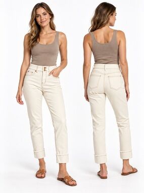 Indigo Poppy Size 6 Cream High Rise Slim Jeans Frayed Cuffs